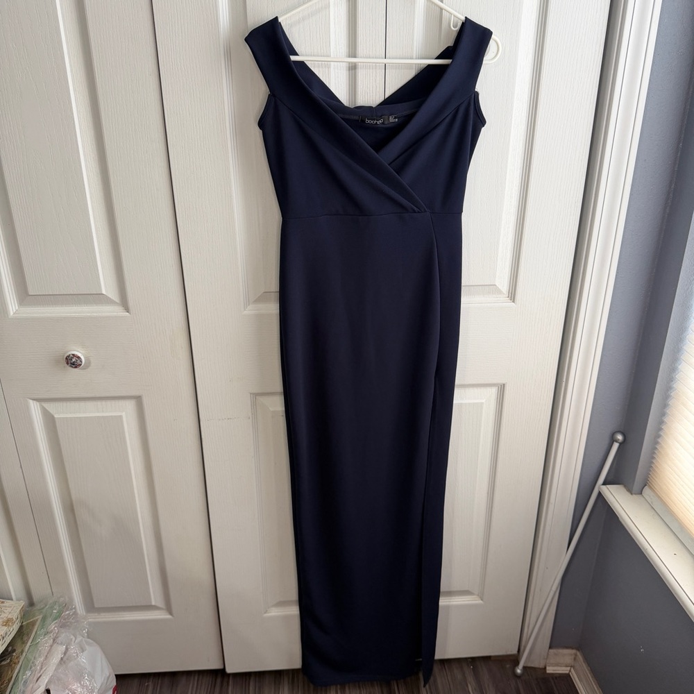 Boohoo navy blue off shoulder maxi dress size 6